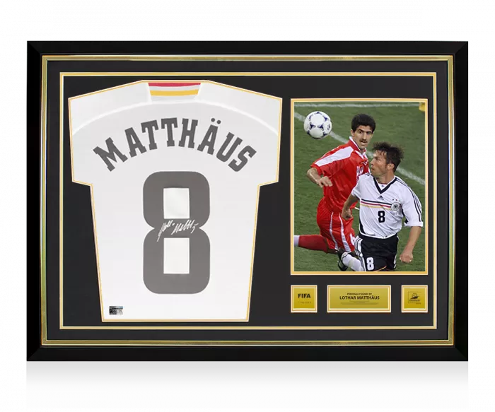 icons Lothar Matthaus Official 1998 FIFA World Cup™ Back Signed and Hero Framed Germany 1998-00 Home Shirt