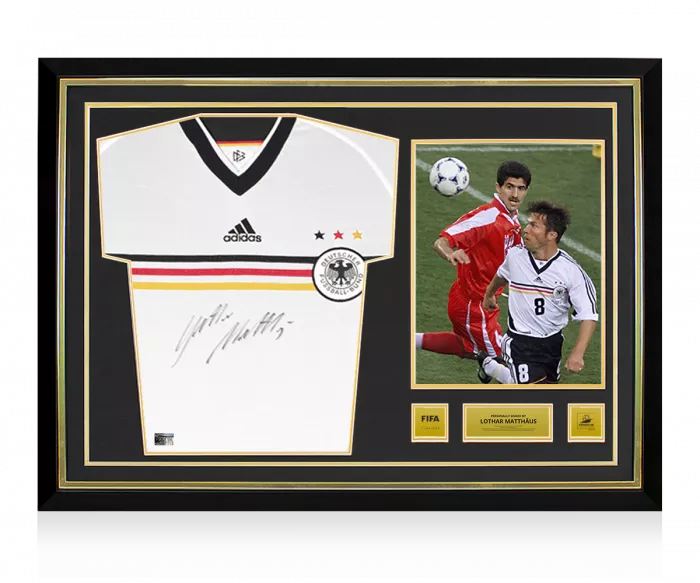 icons Lothar Matthaus Official 1998 FIFA World Cup™ Front Signed and Hero Framed Germany 1998-00 Home Shirt