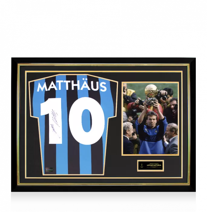 icons Lothar Matthaus Official Ballon d'Or™ Back Signed and Hero Framed Internazionale 1990 Home Shirt
