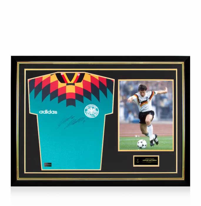 icons Lothar Matthaus Official Ballon d'Or™ Front Signed and Hero Framed Germany 1994-96 Away Shirt