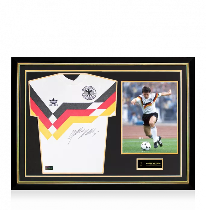 icons Lothar Matthaus Official Ballon d'Or™ Front Signed and Hero Framed Germany 1988-90 Home Shirt