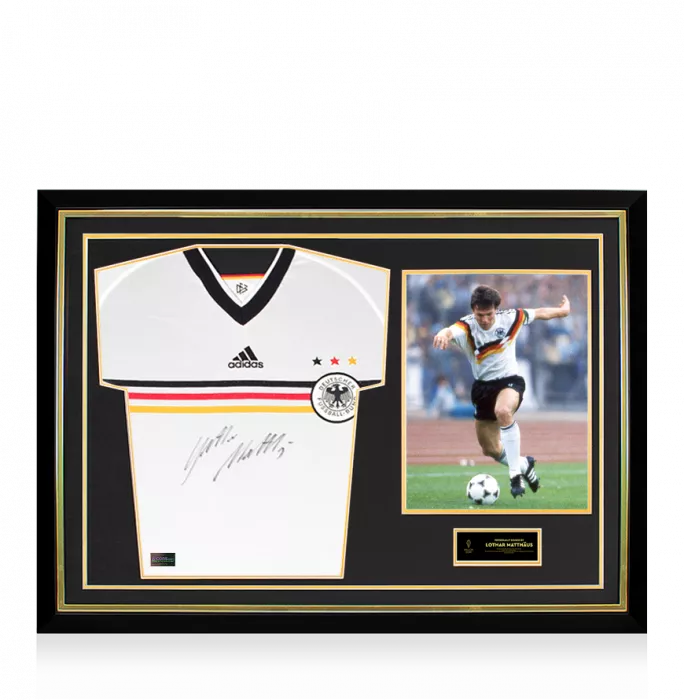 icons Lothar Matthaus Official Ballon d'Or™ Front Signed and Hero Framed Germany 1998-00 Home Shirt