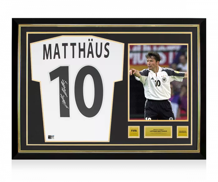icons Lothar Matthaus Official FIFA World Cup™ Back Signed and Hero Framed Germany 2000-02 Home Shirt
