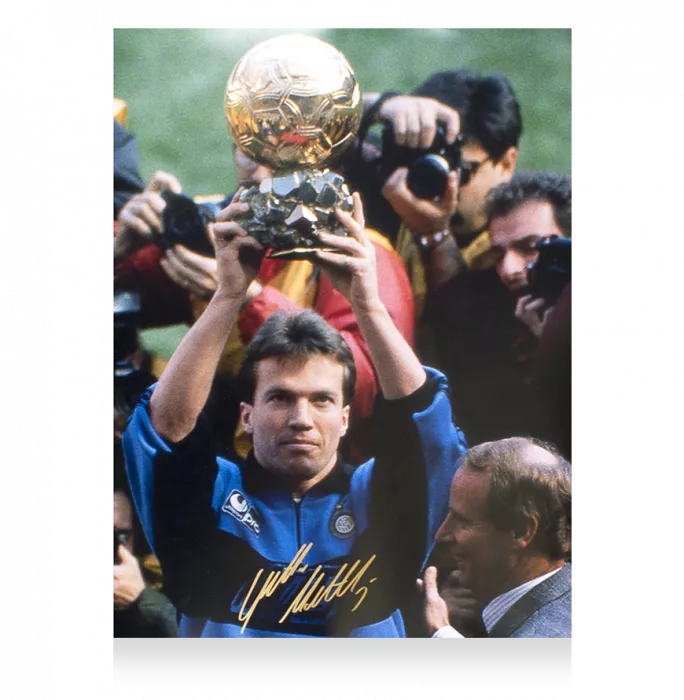 Icons Lothar Matthaus Signed Internazionale Photo In Black Wooden Frame: 1990 Ballon D'Or Winner
