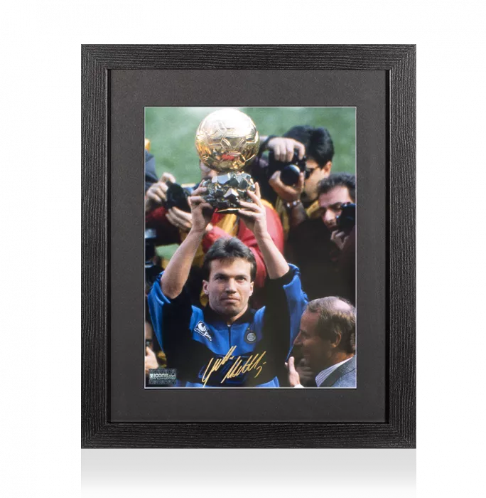 icons Lothar Matthaus Signed Internazionale Photo In Black Wooden Frame: 1990 Ballon d'Or Winner
