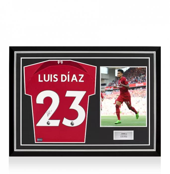 icons Luis Diaz Back Signed Liverpool 2022-23 Home Shirt In Hero Frame: Option 1