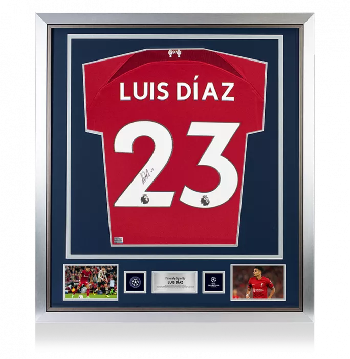 icons Luis Diaz Official UEFA Champions League Back Signed and Framed Liverpool 2022-23 Home Shirt