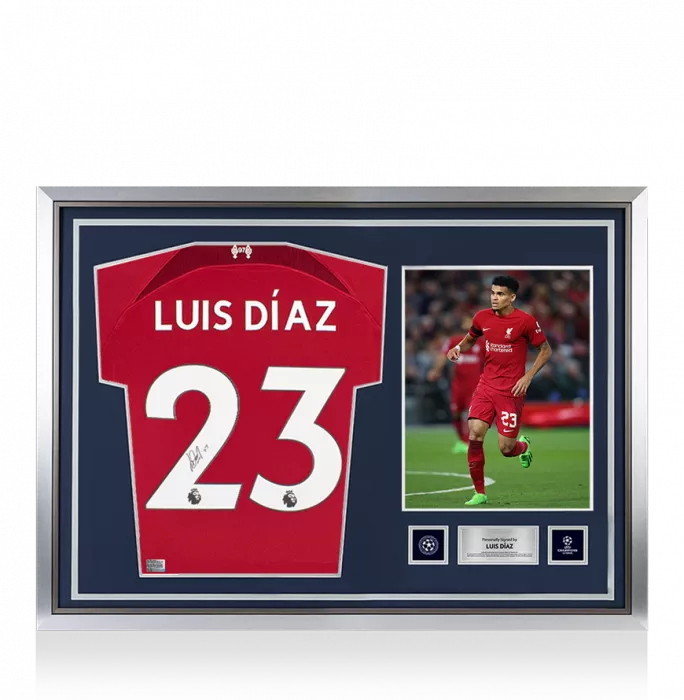 icons Luis Diaz Official UEFA Champions League Back Signed and Hero Framed Liverpool 2022-23 Home Shirt