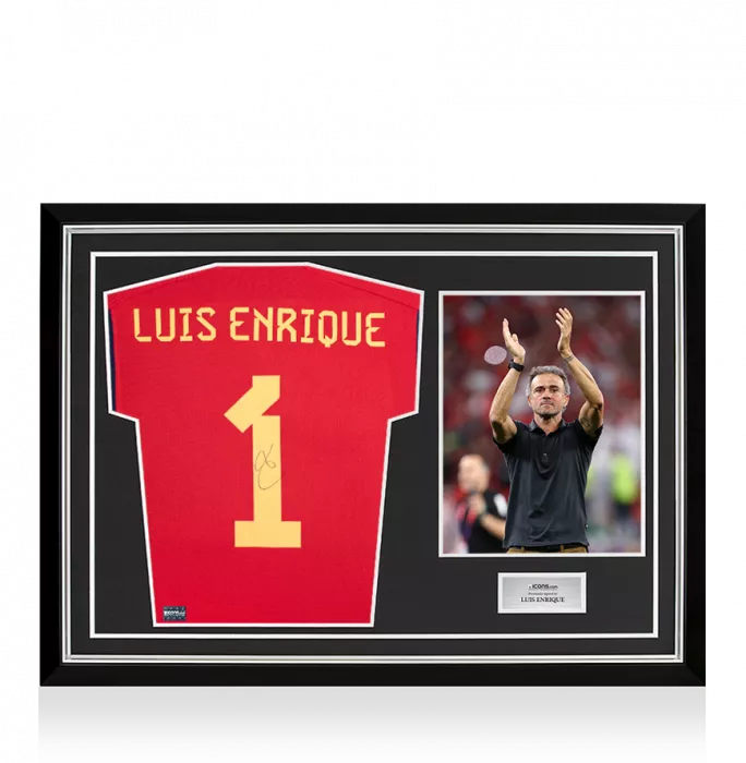 icons Luis Enrique Back Signed Spain 2022 Home Shirt with Fan Style Numbers In Hero Frame: Option 1