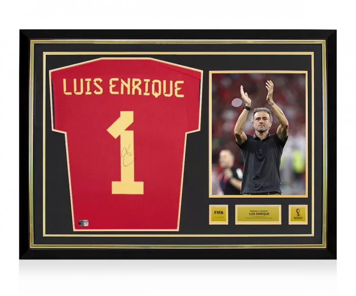 icons Luis Enrique Official 2022 FIFA World Cup™ Back Signed and Hero Framed Spain 2022 Home Shirt with Fan Style Numbers