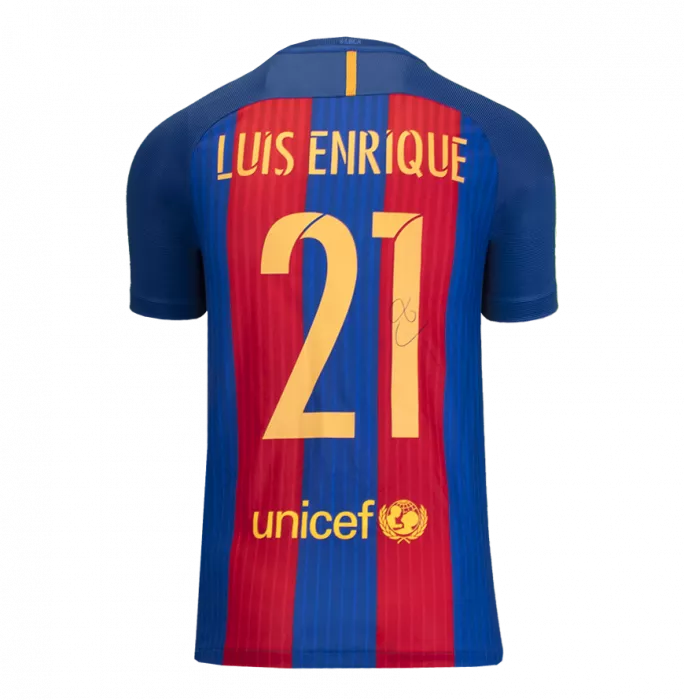 Icons Luis Enrique Official FC Barcelona Back Signed And Framed 2016-17 Home Shirt With Fan Style Numbers
