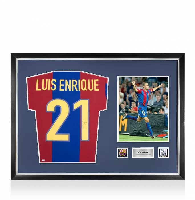 icons Luis Enrique Official FC Barcelona Back Signed and Framed Retro Home Shirt with Fan Style Numbers