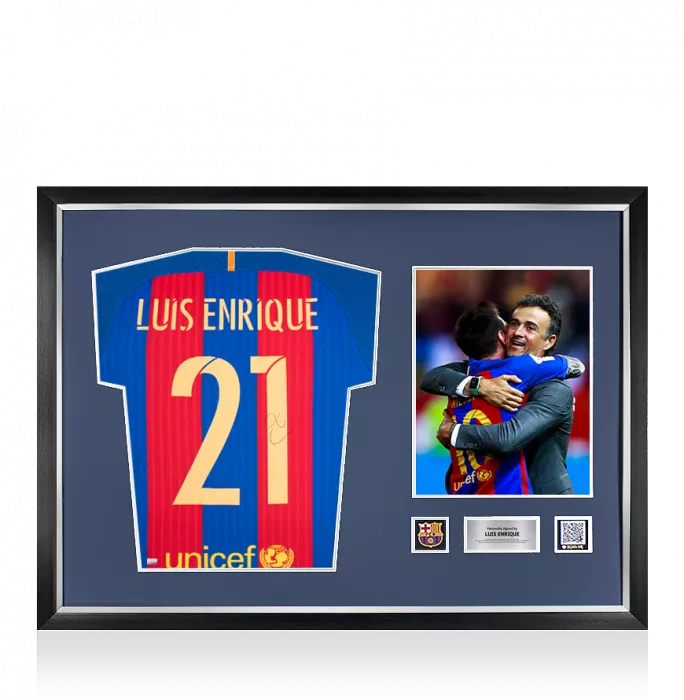 icons Luis Enrique Official FC Barcelona Back Signed and Framed 2016-17 Home Shirt with Fan Style Numbers