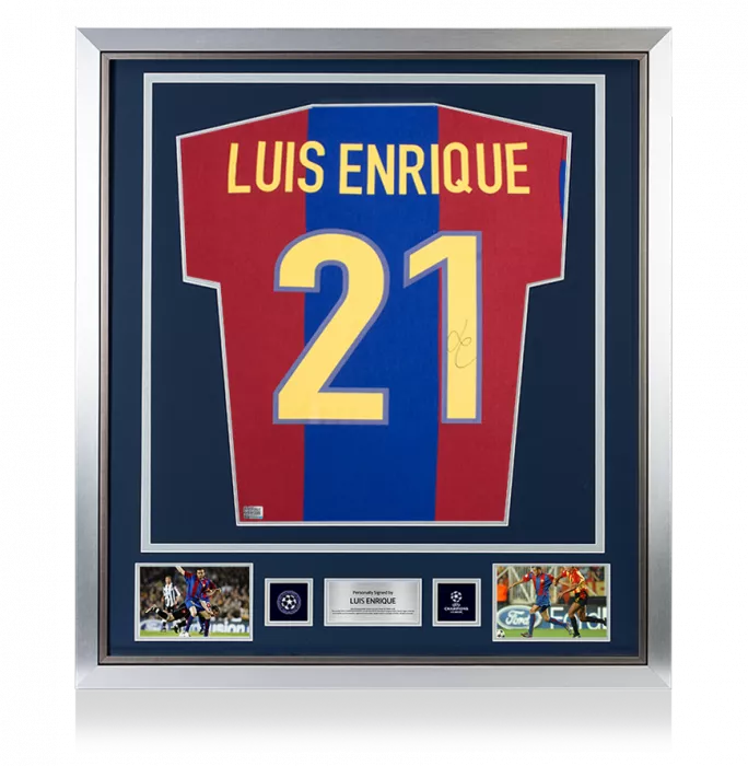 icons Luis Enrique Official UEFA Champions League Back Signed and Framed FC Barcelona Retro Home Shirt with Fan Style Numbers