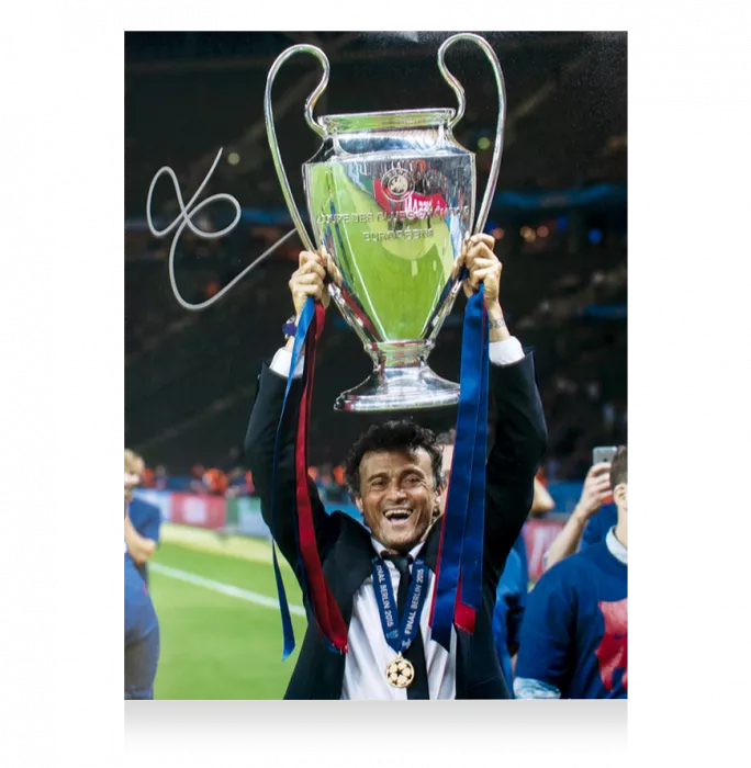 Icons Luis Enrique Signed FC Barcelona Photo In Black Wooden Frame: 2015 UEFA Champions League Winner