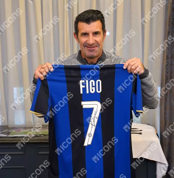 Icons Luis Figo Back Signed Internazionale 2008-09 Home Shirt In Hero Frame: Option 1