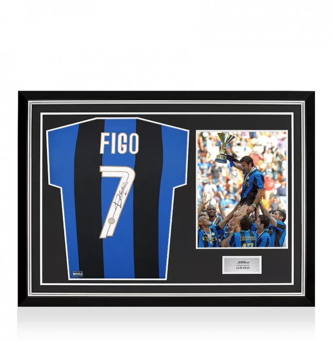 icons Luis Figo Back Signed Internazionale 2008-09 Home Shirt In Hero Frame: Option 1