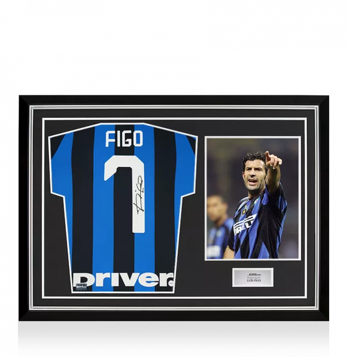 icons Luis Figo Back Signed Internazionale 2019-20 Home Shirt with Fan Style Number In Hero Frame: Option 1