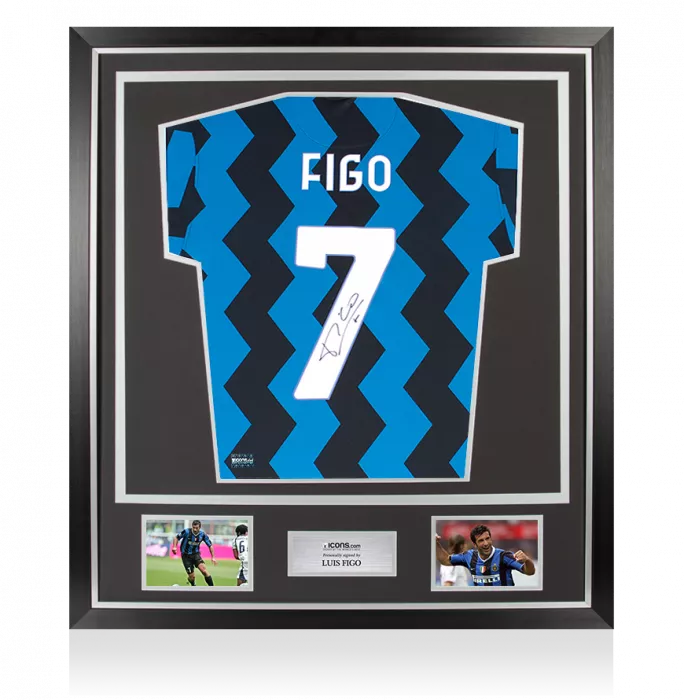icons Luis Figo Back Signed Modern Internazionale Home Shirt With Fan Style Numbers In Classic Frame
