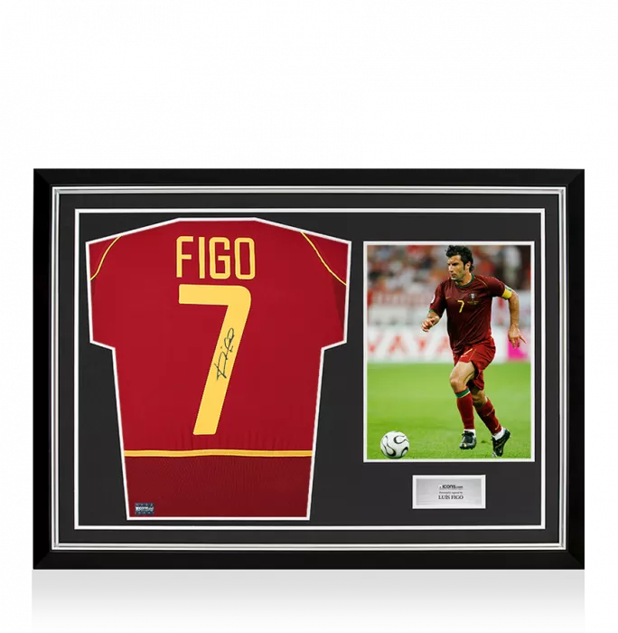 icons Luis Figo Back Signed Portugal 2002-04 Home Shirt In Hero Frame: Option 1