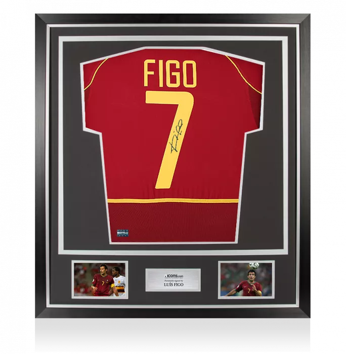 icons Luis Figo Back Signed Portugal 2002-04 Home Shirt In Classic Frame