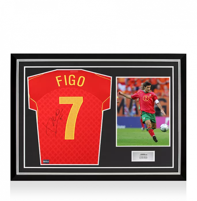 icons Luis Figo Back Signed Portugal 2004-06 Home Shirt In Hero Frame: Option 1