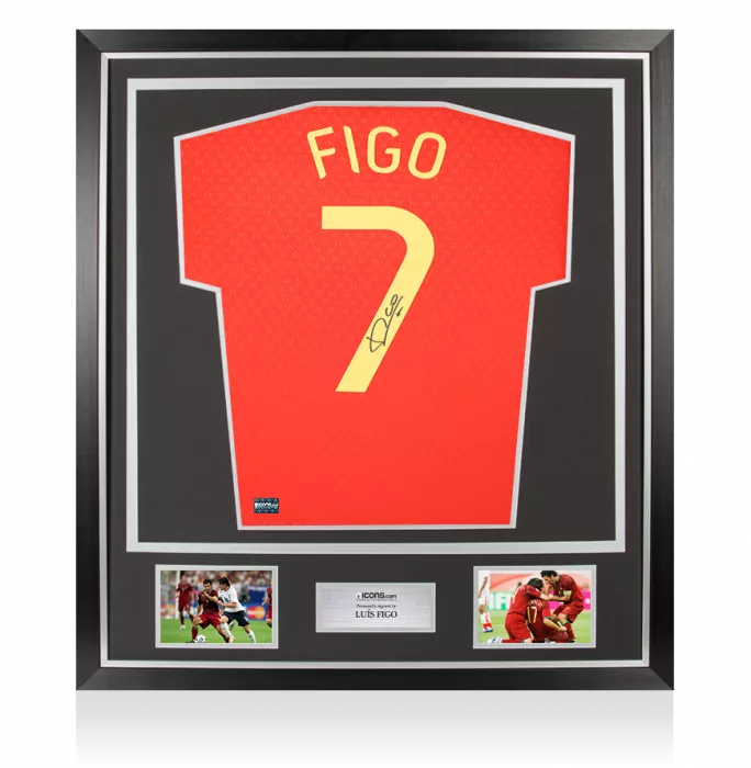 icons Luis Figo Back Signed Portugal 2025-26 Home Shirt with Fan Style Number In Classic Frame