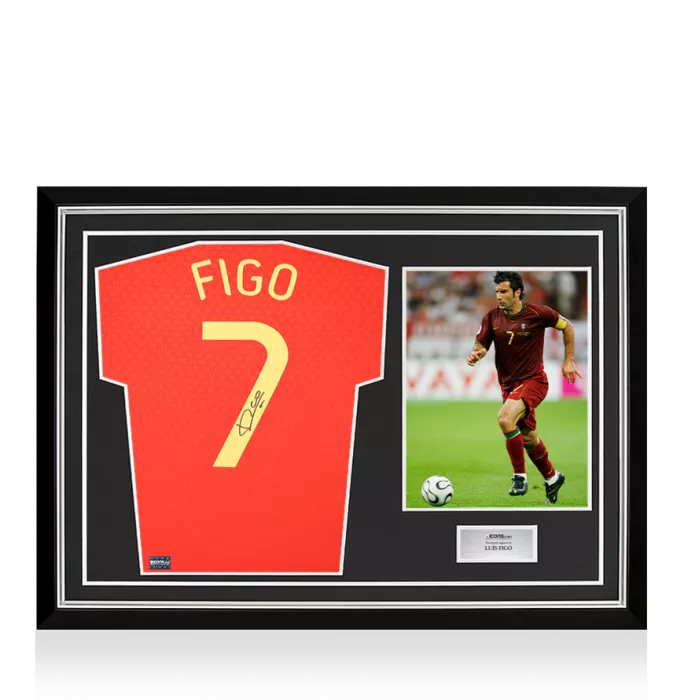 icons Luis Figo Back Signed Portugal 2025-26 Home Shirt with Fan Style Number In Hero Frame: Option 1