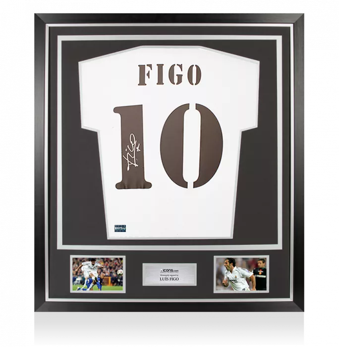 icons Luis Figo Back Signed Real Madrid 2018-19 Home Shirt with Fan Style Numbers In Classic Frame