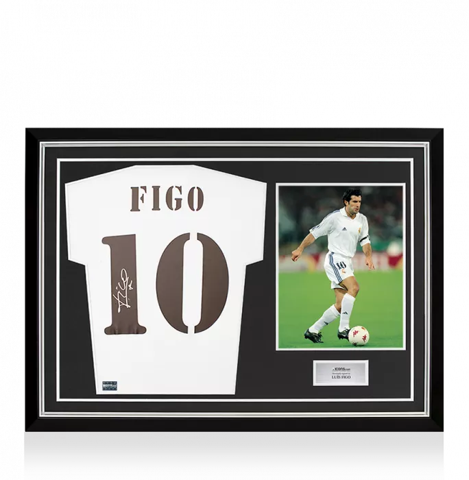 icons Luis Figo Back Signed Real Madrid 2018-19 Home Shirt with Fan Style Numbers In Hero Frame: Option 1