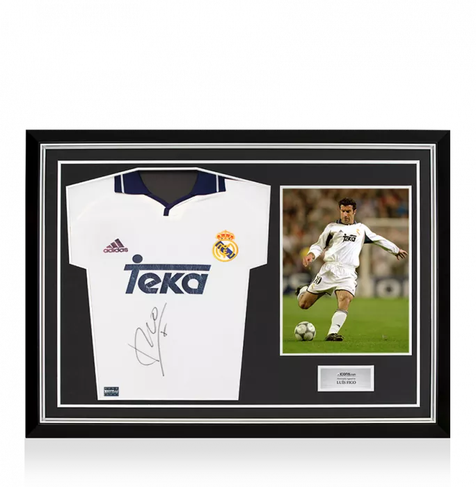 icons Luis Figo Front Signed Real Madrid 2000-01 Home Shirt In Hero Frame: Option 1