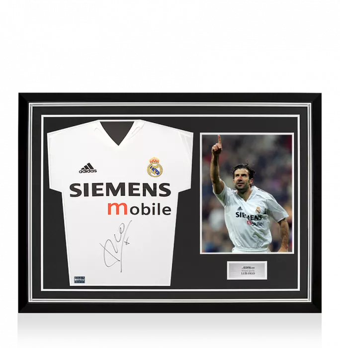 icons Luis Figo Front Signed Real Madrid 2004-05 Home Shirt - Long Sleeved In Hero Frame: Option 1