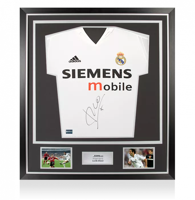 icons Luis Figo Front Signed Real Madrid 2004-05 Home Shirt - Long Sleeved In Classic Frame