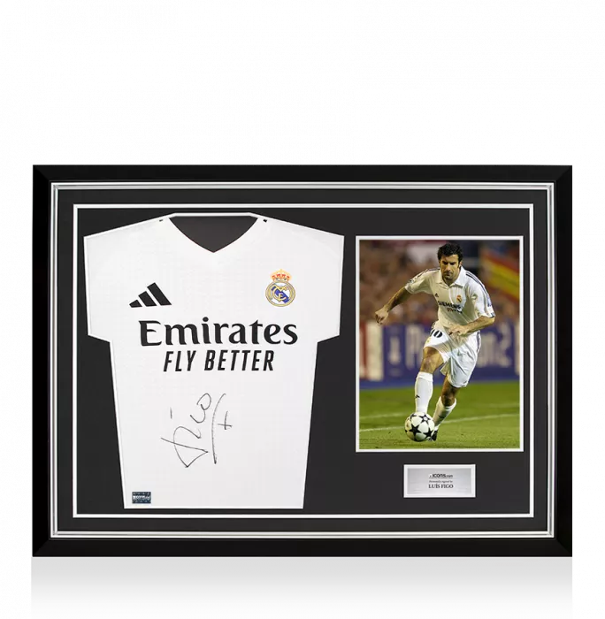 icons Luis Figo Front Signed Real Madrid 2024-25 Home Shirt In Hero Frame: Option 1