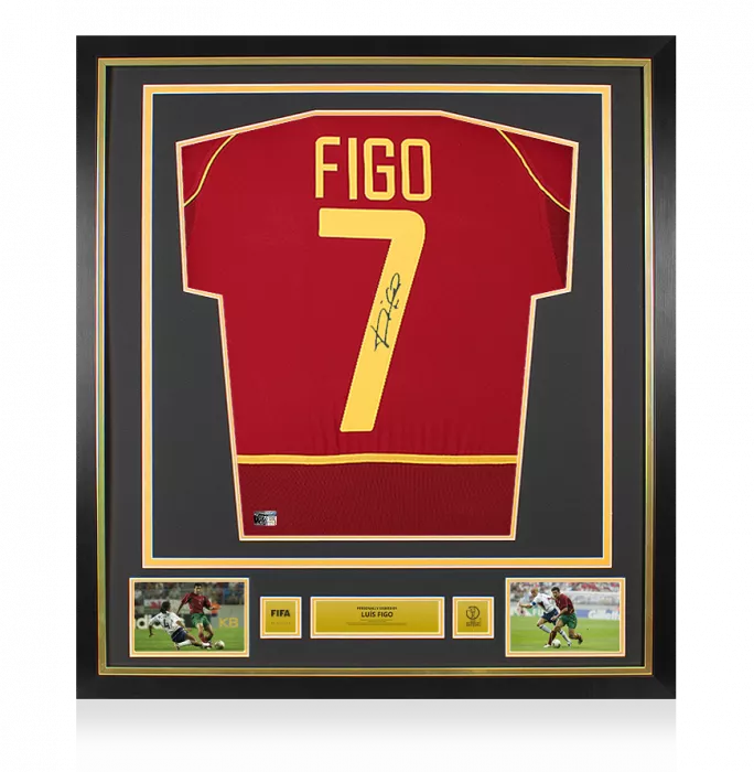 icons Luis Figo Official 2002 FIFA World Cup™ Back Signed and Framed Portugal 2002-04 Home Shirt