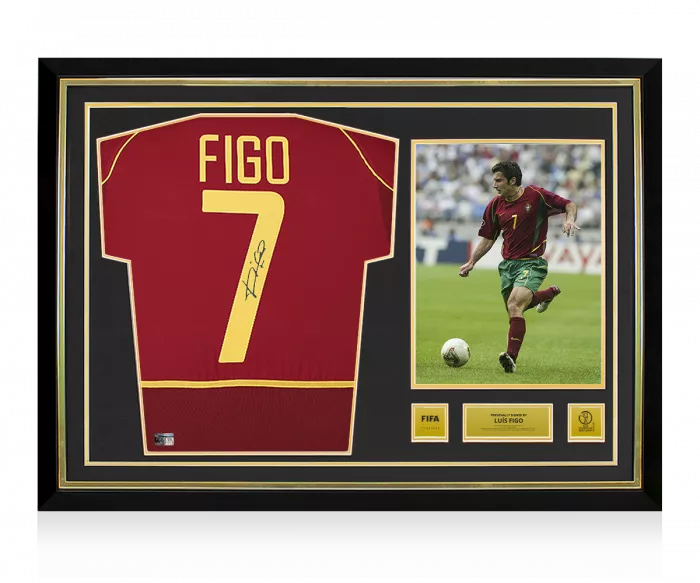 icons Luis Figo Official 2002 FIFA World Cup™ Back Signed and Hero Framed Portugal 2002-04 Home Shirt