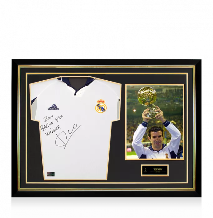 icons Luis Figo Official Ballon d'Or™ Back Signed and Hero Framed Real Madrid 2000-01 Home Shirt - "2000 Ballon d'Or Winner" Inscription