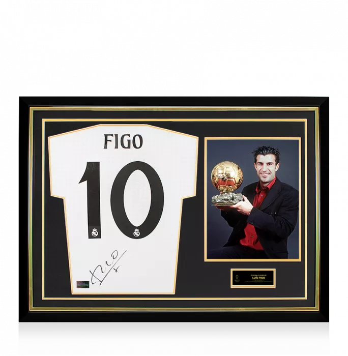 icons Luis Figo Official Ballon d'Or™ Back Signed and Hero Framed Real Madrid 2024-25 Home Shirt