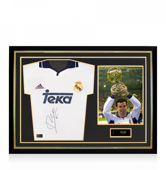 icons Luis Figo Official Ballon d'Or™ Front Signed and Hero Framed Real Madrid 2000-01 Home Shirt