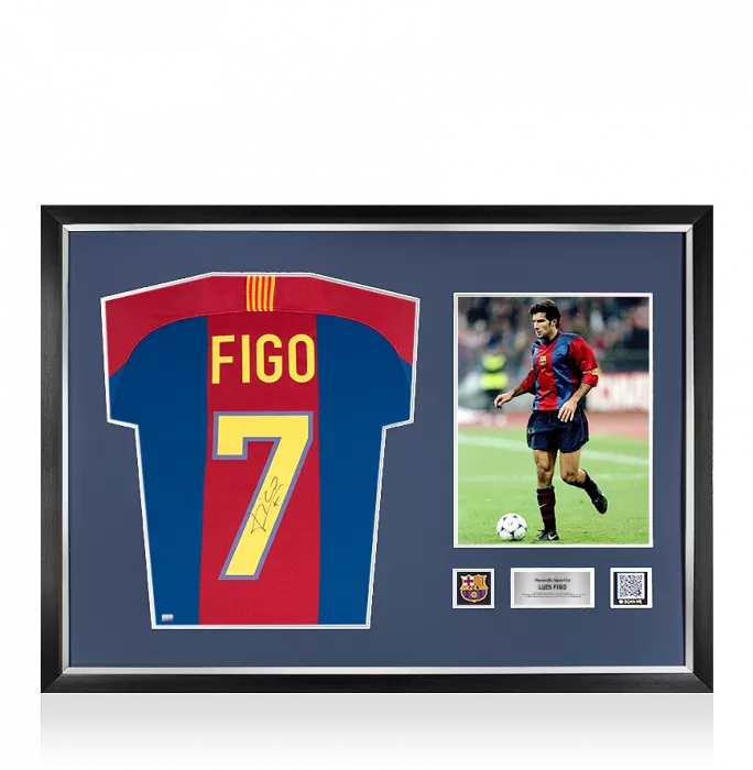 icons Luis Figo Official FC Barcelona Back Signed and Framed Retro Home Shirt With Fan Style Numbers