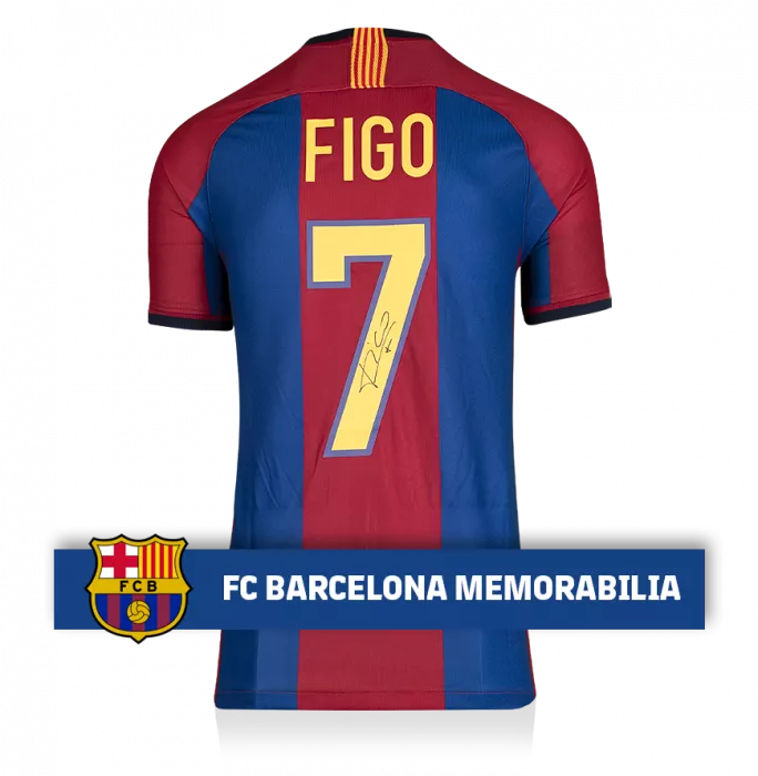icons Luis Figo Official FC Barcelona Back Signed Retro Home Shirt With Fan Style Numbers
