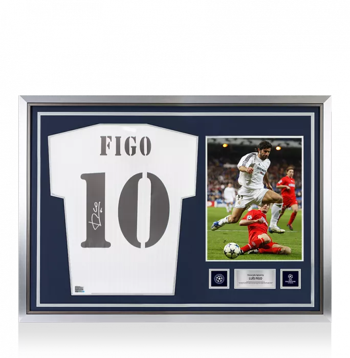Icons Luis Figo Official UEFA Champions League Back Signed And Hero Framed Real Madrid Terrace Shirt