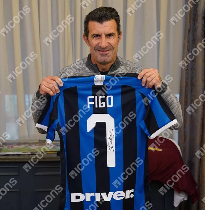 Icons Luis Figo Official UEFA Champions League Back Signed And Hero Framed Internazionale 2019-20 Home Shirt With Fan Style Number