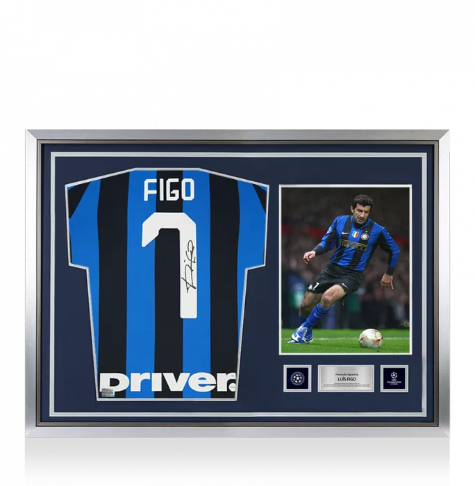 icons Luis Figo Official UEFA Champions League Back Signed and Hero Framed Internazionale 2019-20 Home Shirt with Fan Style Number