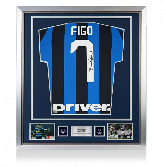 icons Luis Figo Official UEFA Champions League Back Signed and Framed Internazionale 2019-20 Home Shirt with Fan Style Number