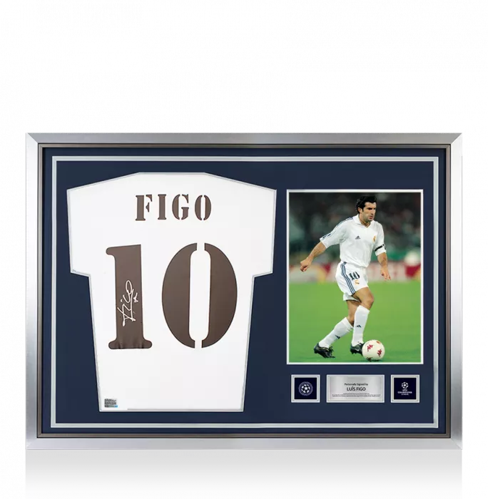 icons Luis Figo Official UEFA Champions League Back Signed and Hero Framed Real Madrid 2018-19 Home Shirt with Fan Style Numbers