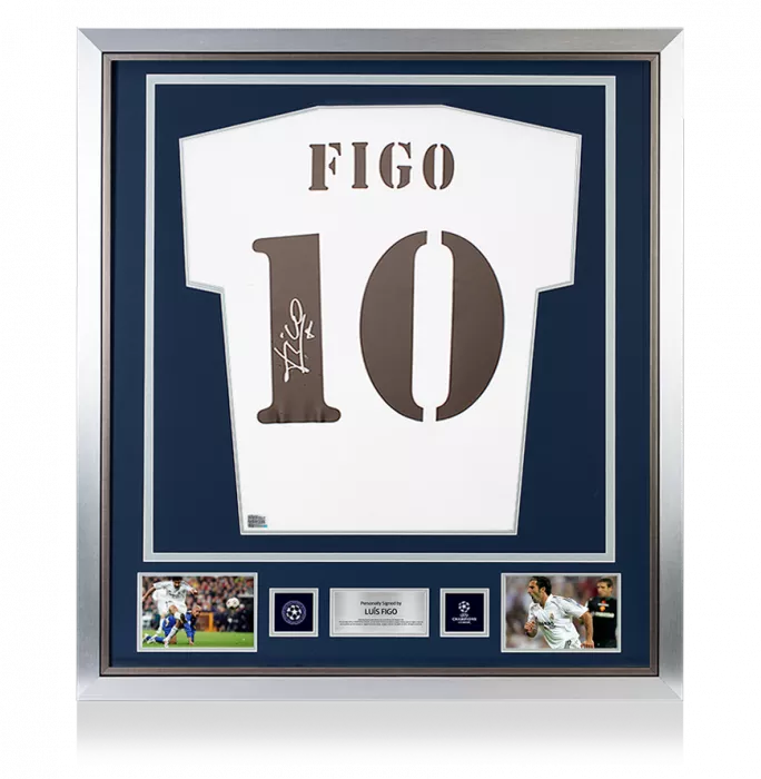icons Luis Figo Official UEFA Champions League Back Signed and Framed Real Madrid 2018-19 Home Shirt with Fan Style Numbers