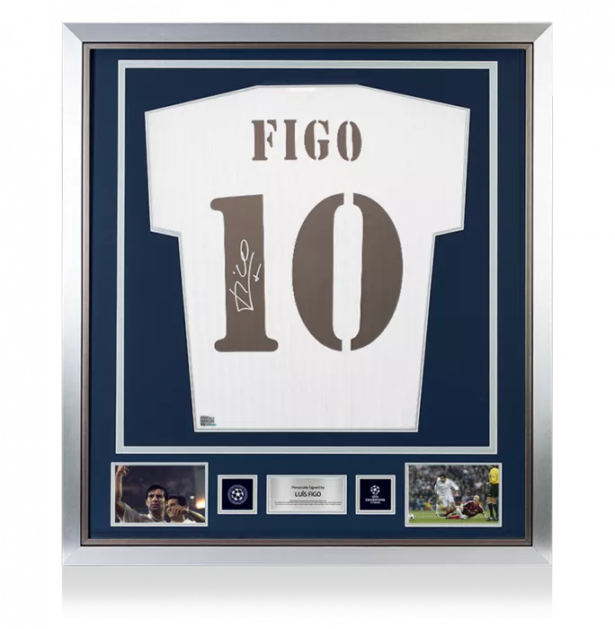 icons Luis Figo Official UEFA Champions League Back Signed and Framed Real Madrid Icons Shirt
