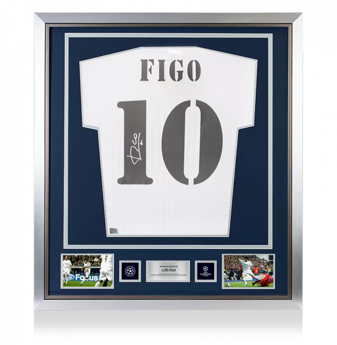 icons Luis Figo Official UEFA Champions League Back Signed and Framed Real Madrid Terrace Shirt