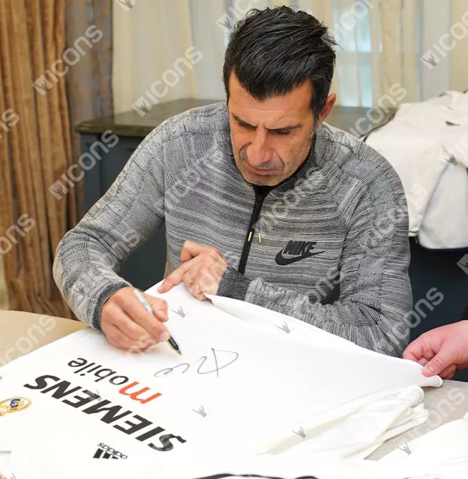 Icons Luis Figo Official UEFA Champions League Front Signed And Hero Framed Real Madrid 2004-05 Home Shirt - Long Sleeved